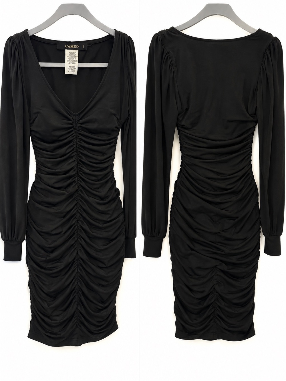 cameo Black Ruched Long-Sleeve V-Neck Bodycon Dress